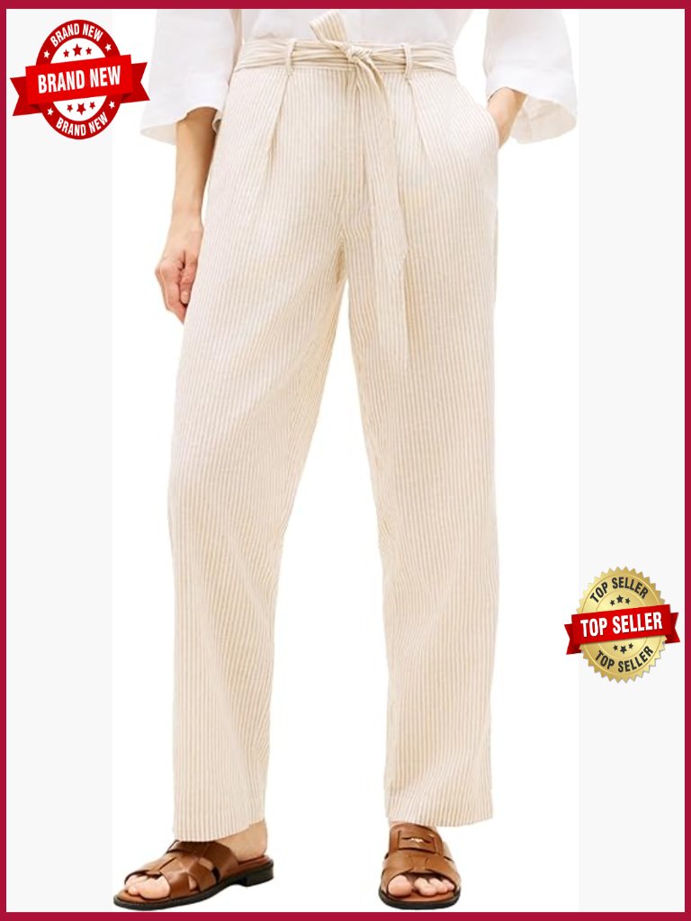 Linen Pull On Pants With Belt, Tapered Fit, High Rise, Pleated Front